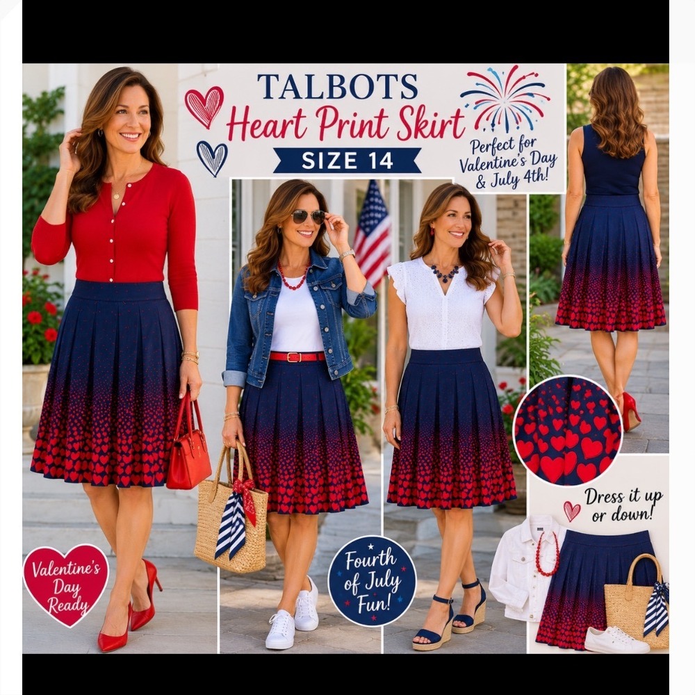 Talbots Navy Blue Red Heart Ombre Pleated A-Line Skirt Size 14 Valentines July 4